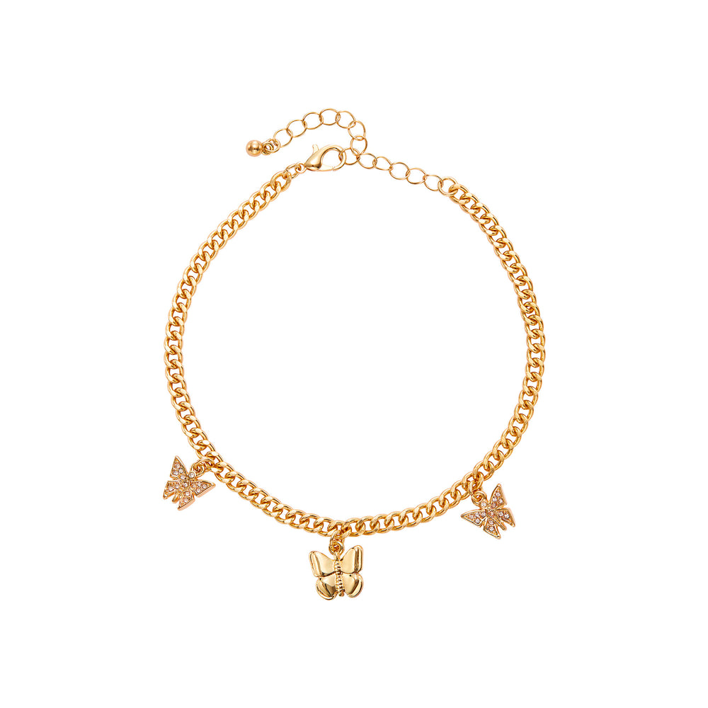 Butterfly Charm Curb Chain Anklet for Women - 14K Gold Plated & White Gold Tone__14K Gold Plated