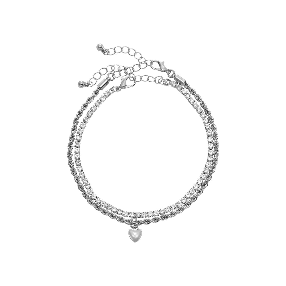 Stacked Heart Anklet for Women - 14K Gold Plated & White Gold Tone__White Gold Tone