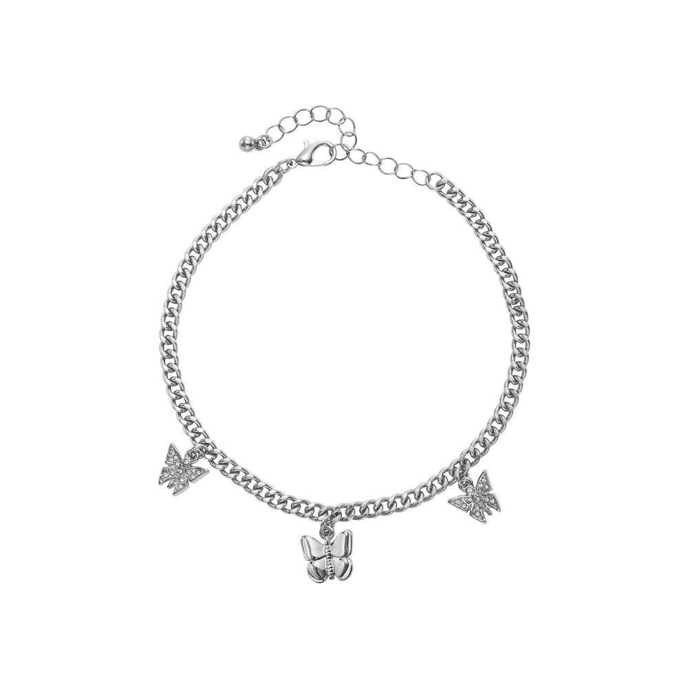 Butterfly Charm Curb Chain Anklet for Women - 14K Gold Plated & White Gold Tone__White Gold Tone