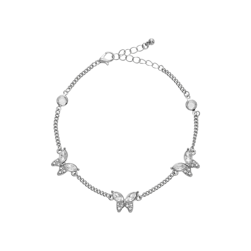 Diamond Butterfly Trio Anklet for Women - 14K Gold Plated & White Gold Tone__White Gold Tone