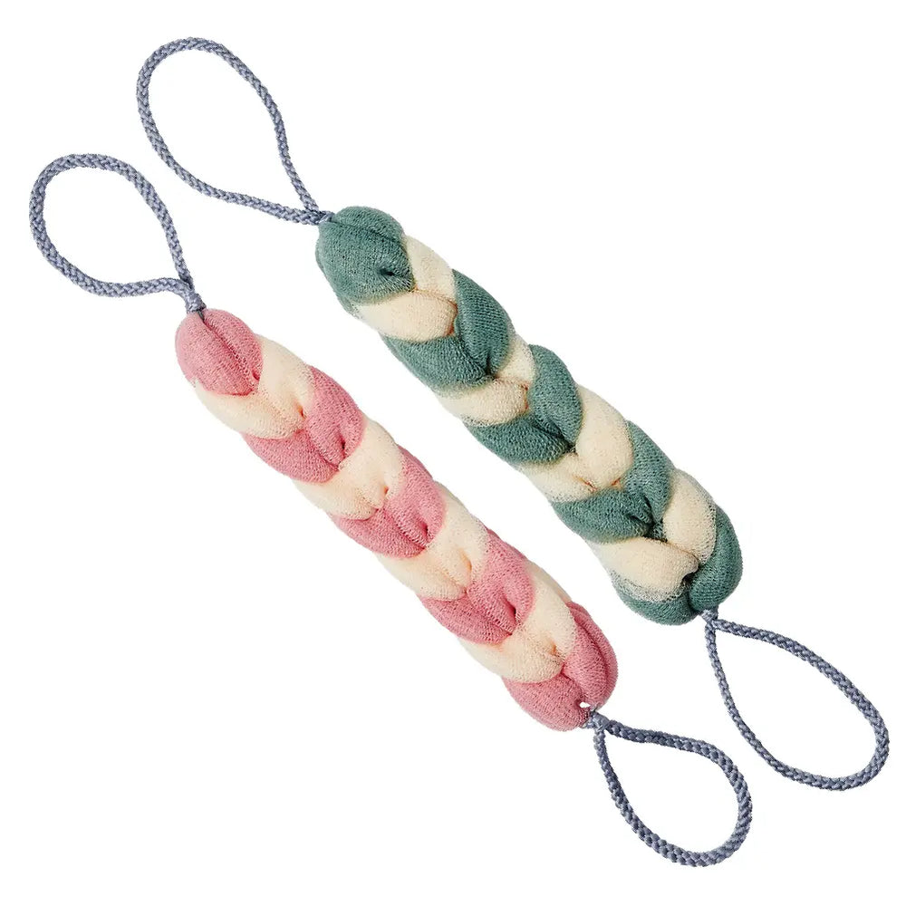 Long Stretch Back Loofah - Braided Mesh Shower Sponge with Rope Handles__Pink/Green (2pcs)