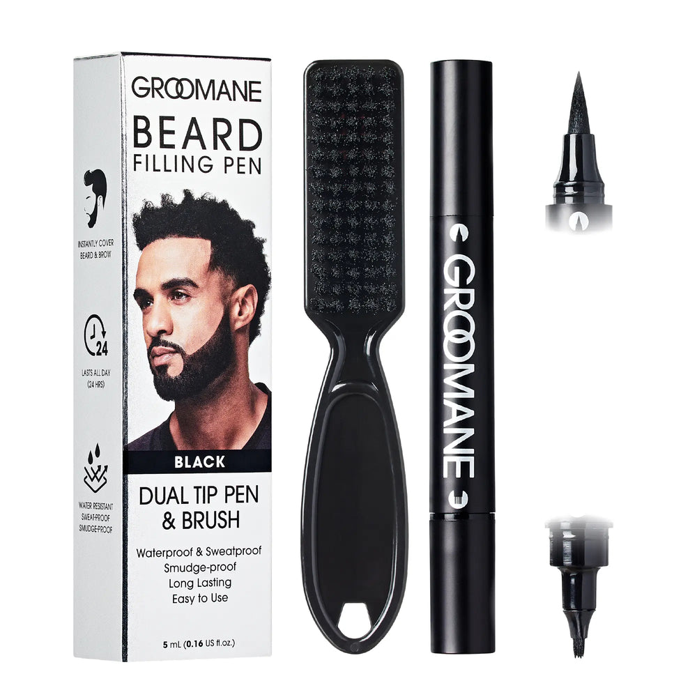 Groomane Beard Filler Pen for Men - Dual Tip with Blending Brush__Black