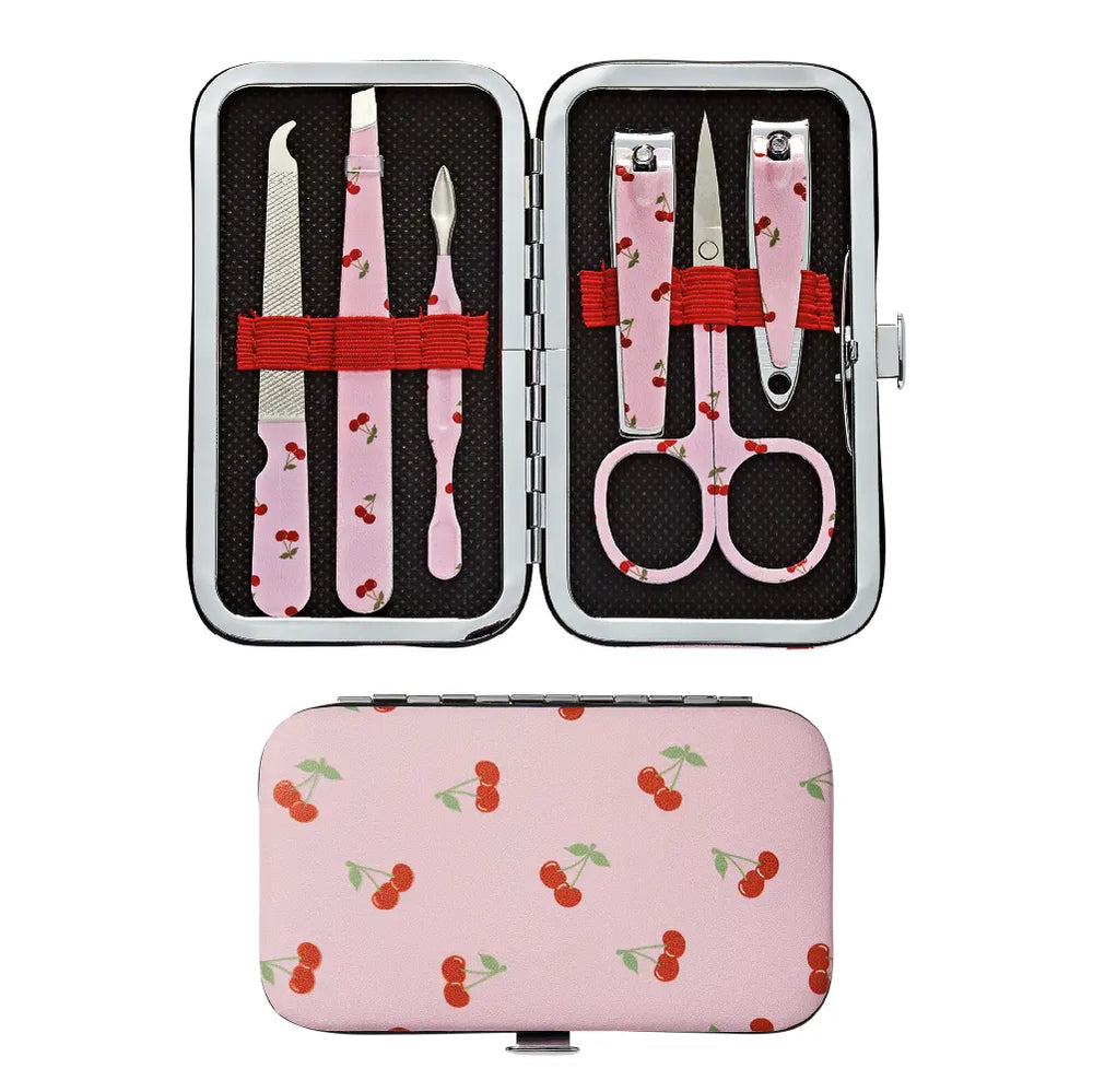 Printed All-in-One Manicure & Pedicure Grooming Kit with Travel Case (6 pcs)__Cherry