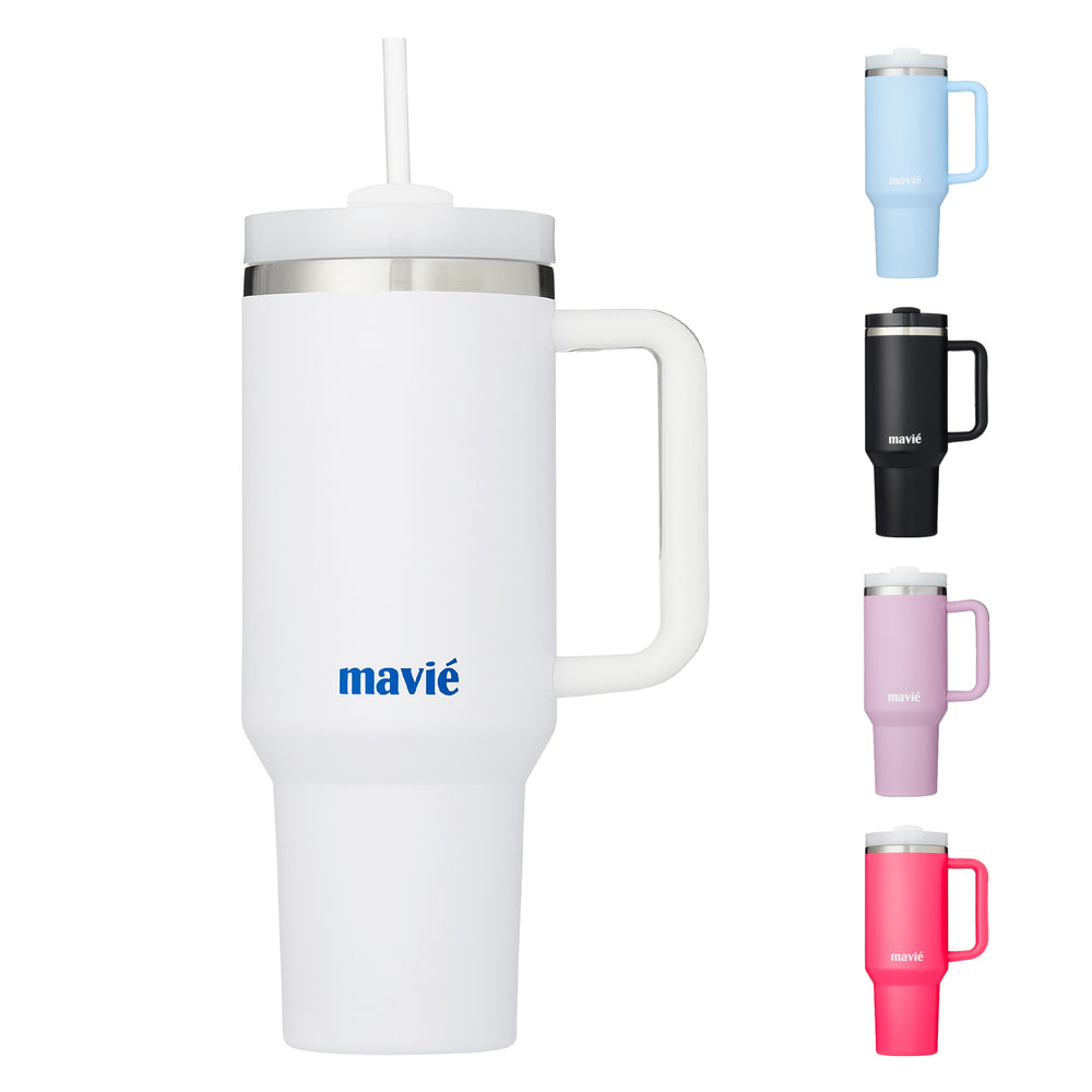 40oz Stainless Steel Tumbler with Handle & Straw - Dishwasher Safe Travel Mug with Rubber Base__White