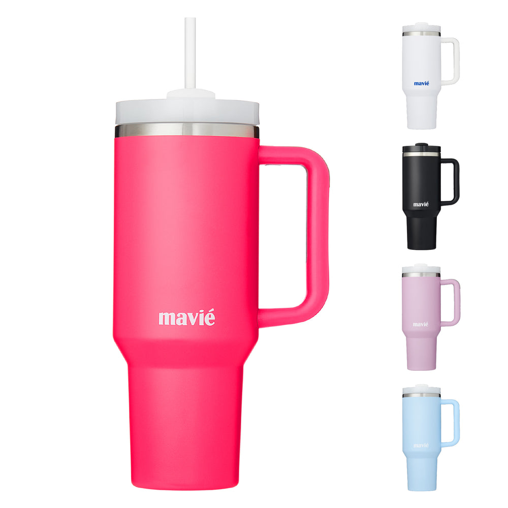 40oz Stainless Steel Tumbler with Handle & Straw - Dishwasher Safe Travel Mug with Rubber Base__Pink
