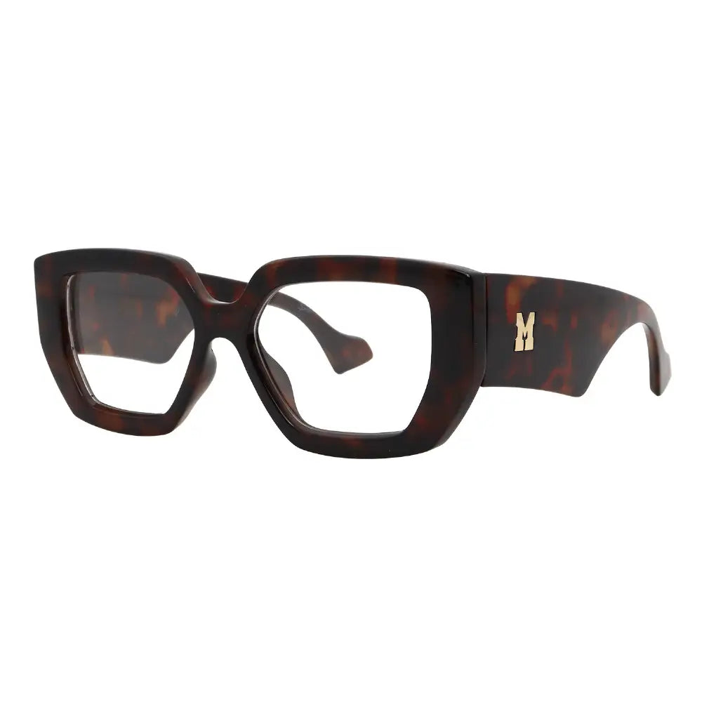 soleil483 ⑪ Bold Tortoise Rectangle Frame with Clear Lens & Gold M Logo
