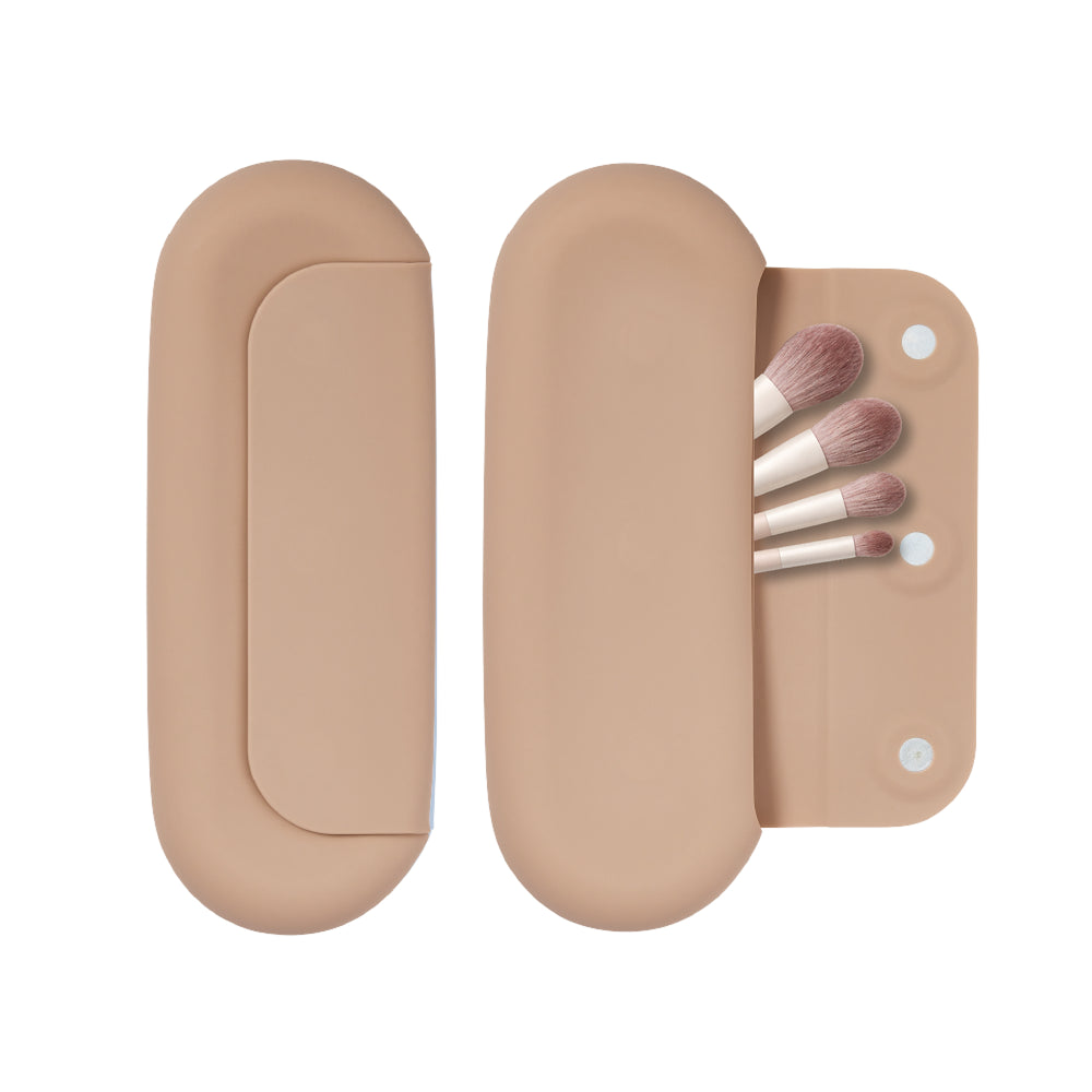 Silicone Makeup Brush Travel Holder 3-in-1 Magnetic Pouch & Cleaner Mat__Beige