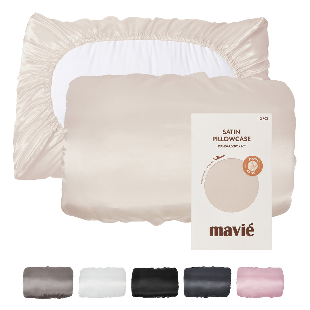 Premium Satin Pillowcase for Hair & Skin – Slip-Free Secure Fit Travel Pillow Cover, Cooling & Anti-Frizz Beauty Sleep__Beige