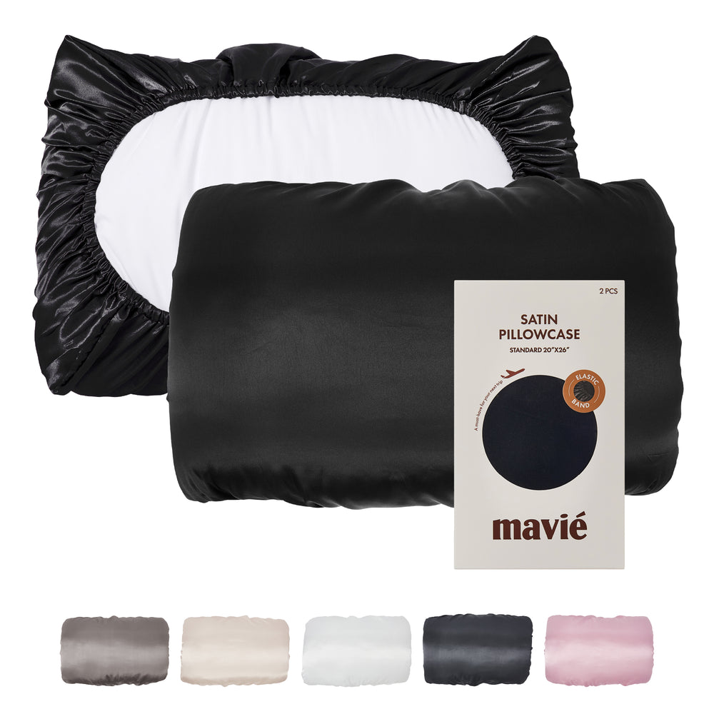 Premium Satin Pillowcase for Hair & Skin – Slip-Free Secure Fit Travel Pillow Cover, Cooling & Anti-Frizz Beauty Sleep__Black