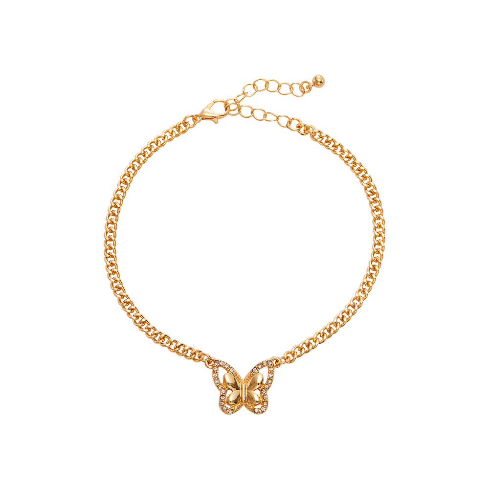 Single Diamond Butterfly Anklet for Women - 14K Gold Plated & White Gold Tone__14K Gold Plated
