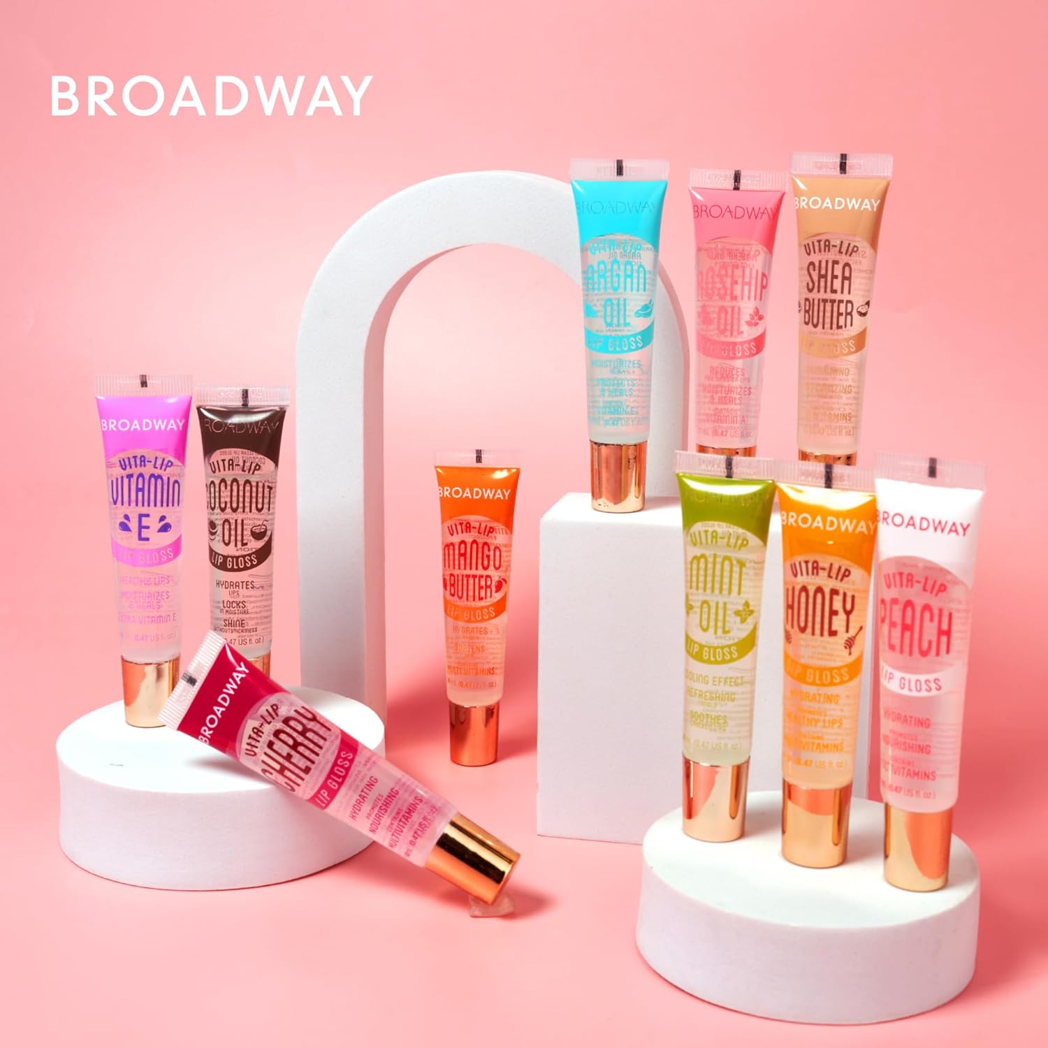 Ruby Kisses Broadway Vita-Lip Clear Lip Gloss, Ultra-Hydrating & Soothing Formula with Vitamins, High-Shine Non-Sticky Finish Lip Balm with Mint, Rosehip, Coconut, Mango, Argan, Honey, Shea (10 Pack)