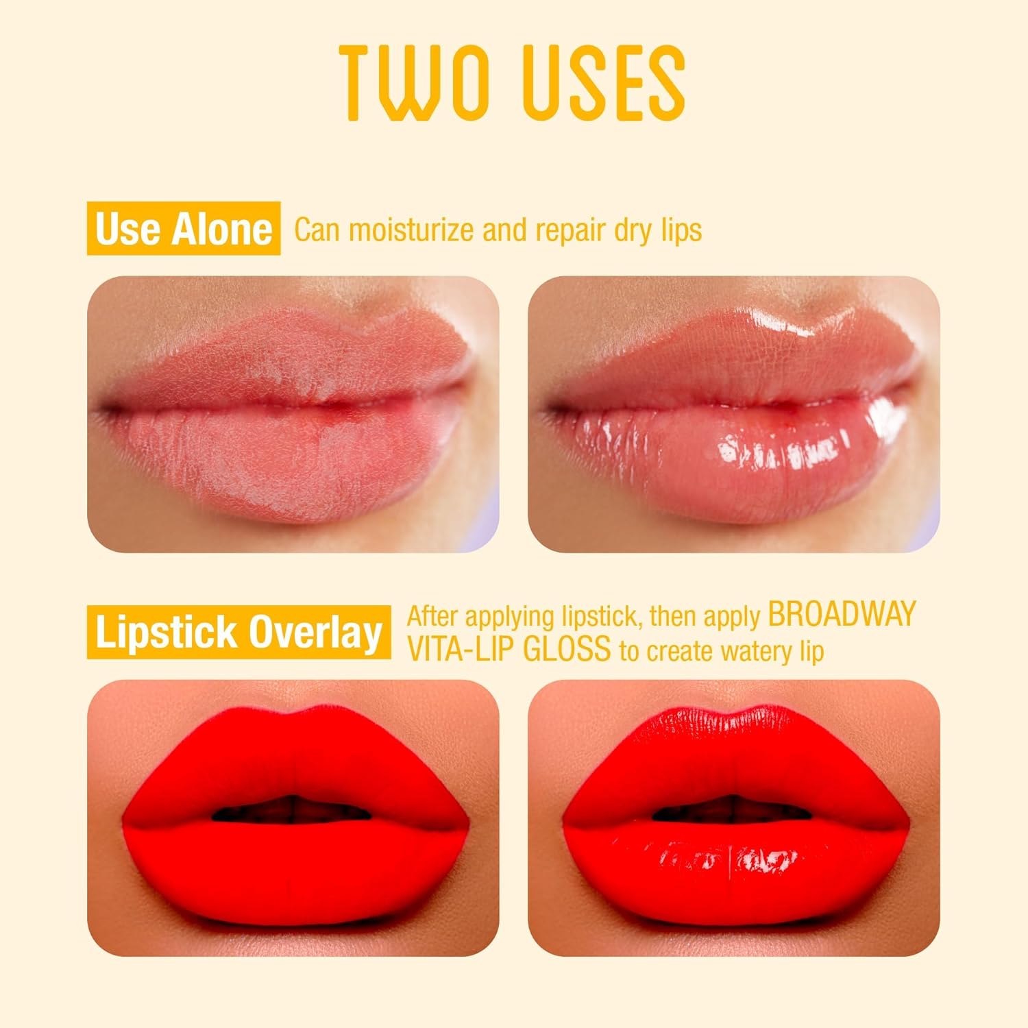 Ruby Kisses Broadway Vita-Lip Clear Lip Gloss Ultra-Hydrating & Soothing Formula with Vitamin Oils, High-Shine Non-Sticky Finish Lip Balm with Honey, Argan Oil, Shea, Mango Butter, Cherry, Peach (7 Pack) product view.