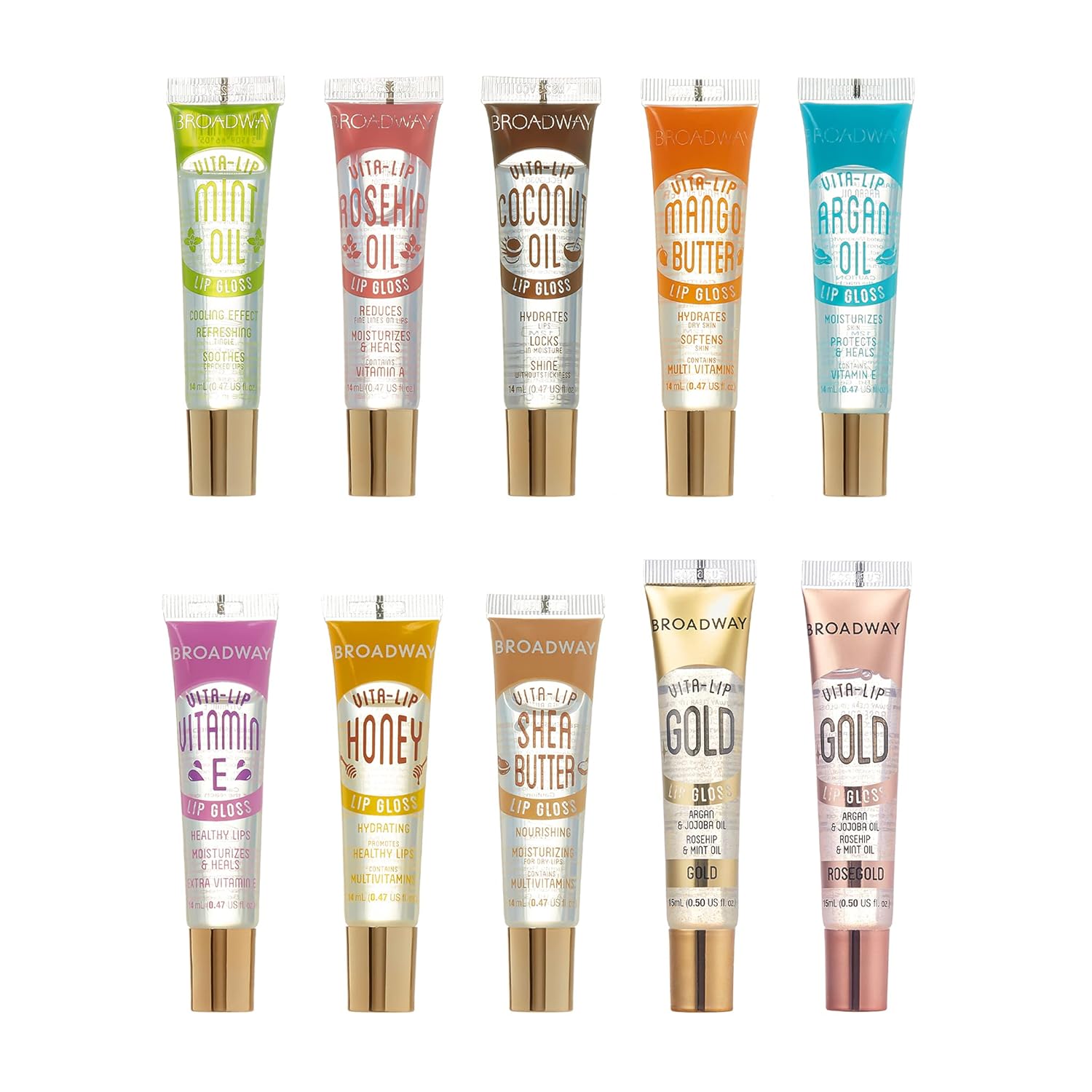 Ruby Kisses Broadway Vita-Lip Clear Lip Gloss, Ultra-Hydrating & Soothing Formula with Vitamins, High-Shine Non-Sticky Finish Lip Balm with Mint, Rosehip, Coconut, Mango, Argan, Honey, Shea (10 Pack)
