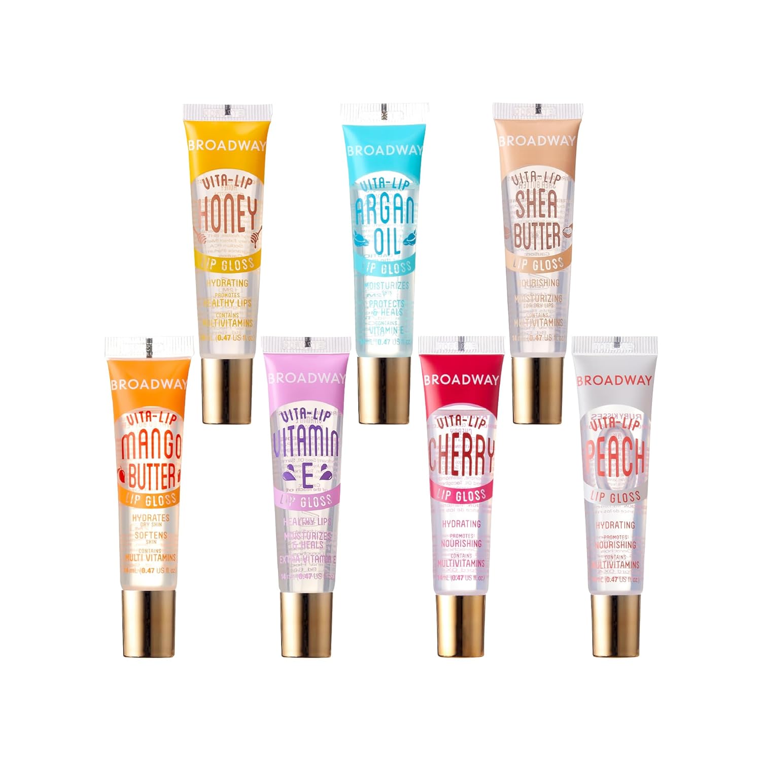 Ruby Kisses Broadway Vita-Lip Clear Lip Gloss Ultra-Hydrating & Soothing Formula with Vitamin Oils, High-Shine Non-Sticky Finish Lip Balm with Honey, Argan Oil, Shea, Mango Butter, Cherry, Peach (7 Pack)