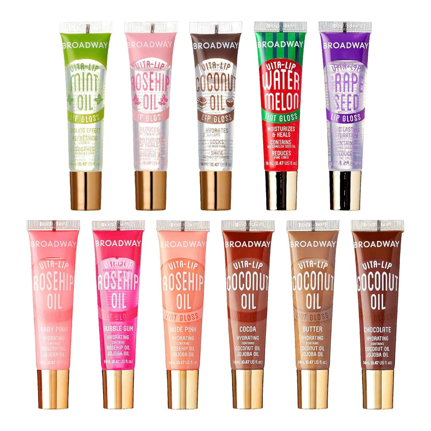 Ruby Kisses Broadway Lip Gloss Vita-Lip Clear Lip Gloss, Moisturizing, Soothing, Super Glossy with Vitamin Oil (11 pcs Tinted and Clear)