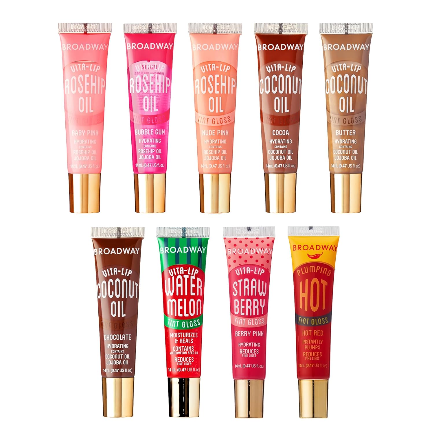 Ruby Kisses Broadway Vita-Lip Tinted Lip Gloss Ultra-Hydrating, Nourishing, Soothing Formula with Vitamins, High-Shine Non-Sticky Lip Balm with Rosehip+Coconut Oil, Pink, Red & Brown Shades (9 Pack)