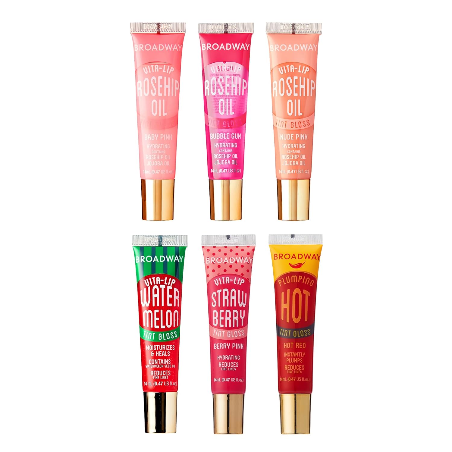 Ruby Kisses Broadway Vita-Lip Tinted Lip Gloss Ultra-Hydrating, Nourishing, Soothing Formula with Vitamins, High-Shine Non-Sticky Lip Balm with Rosehip+Coconut Oil, Pink & Red Shades (6 Pack) product view.