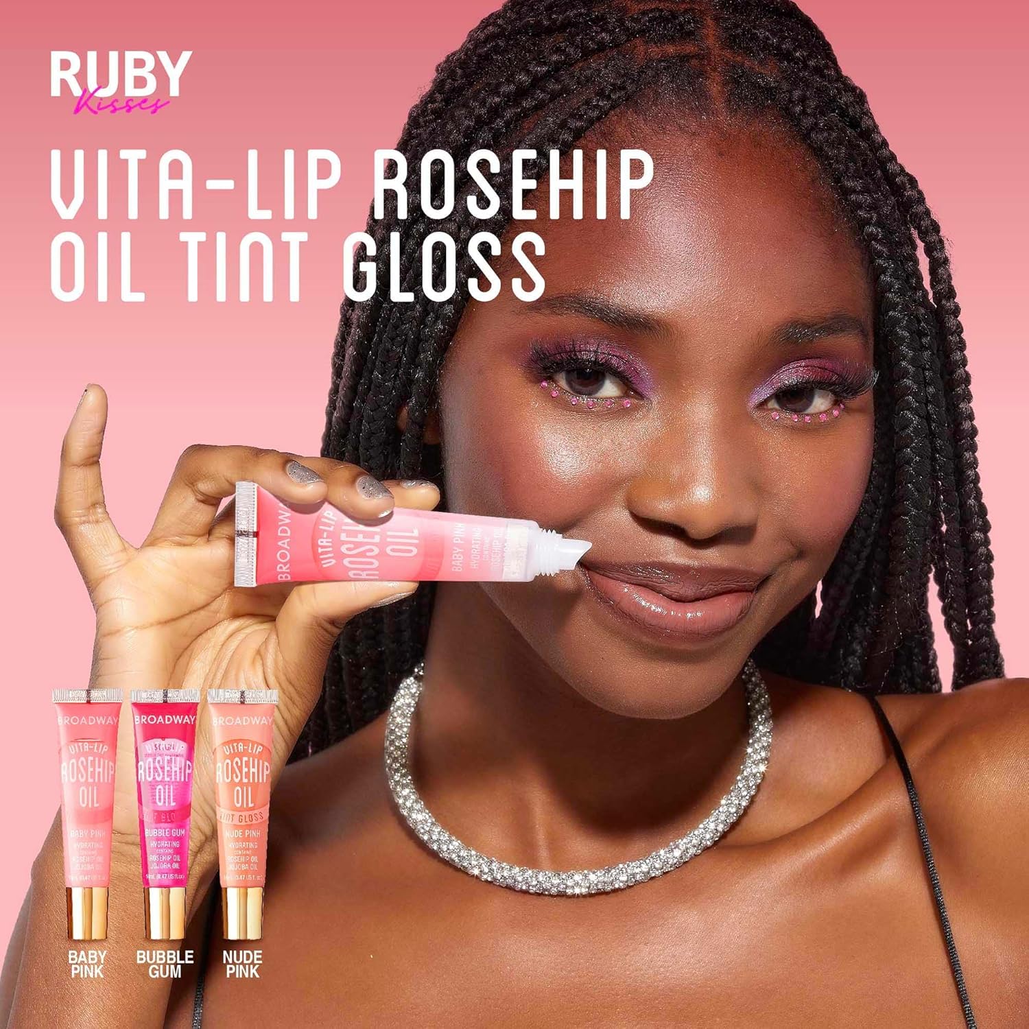 Ruby Kisses Broadway Vita-Lip Tinted Lip Gloss Ultra-Hydrating, Nourishing, Soothing Formula with Vitamins, High-Shine Non-Sticky Lip Balm with Rosehip+Coconut Oil, Pink & Red Shades (6 Pack) product view.