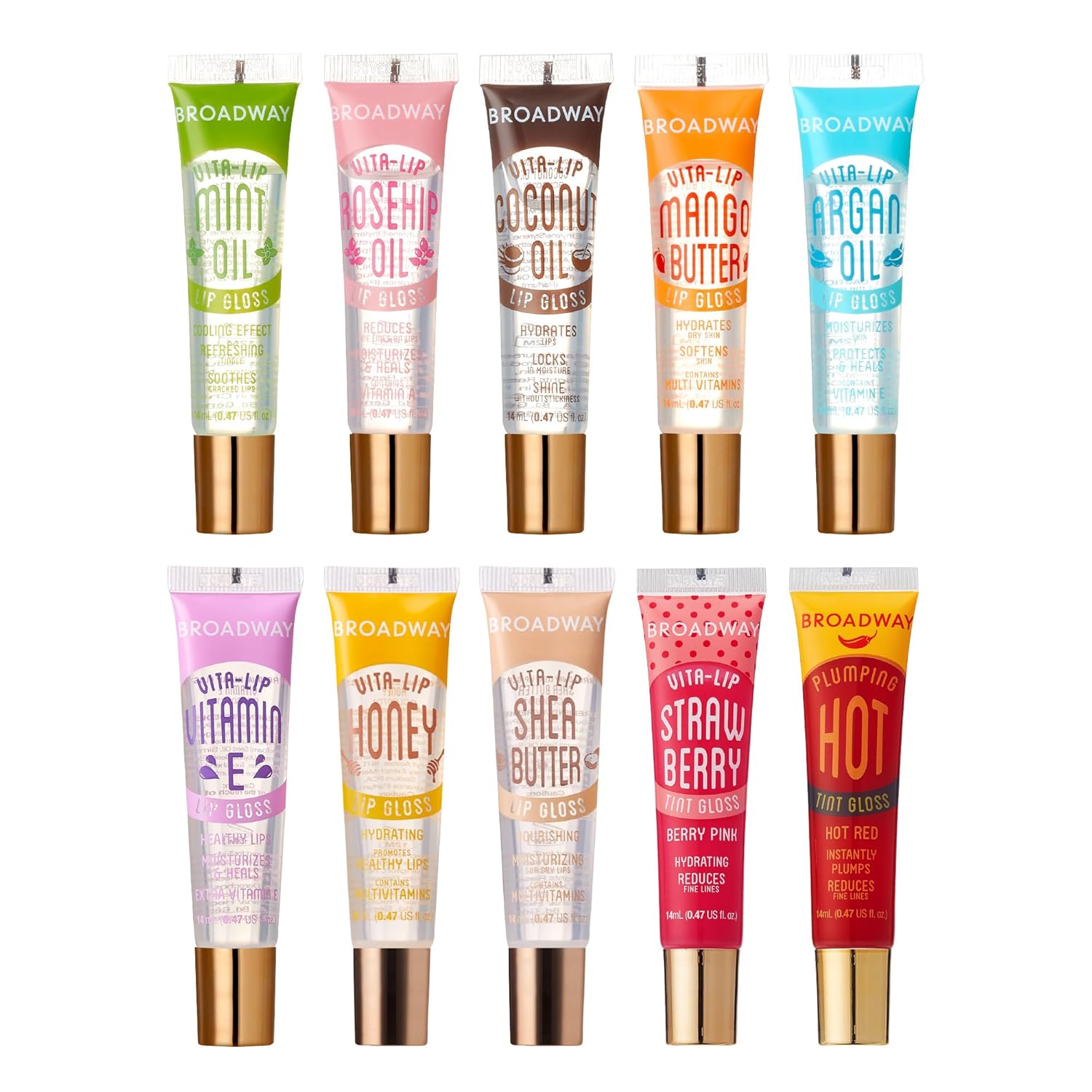Ruby Kisses Broadway Vita-Lip Tinted & Clear Lip Gloss Ultra-Hydrating & Soothing Formula, High-Shine Non-Sticky Lip Balm with Mint, Rosehip, Coconut, Mango, Argan, Vitamin E, Honey, Shea (10 Pack) product view.