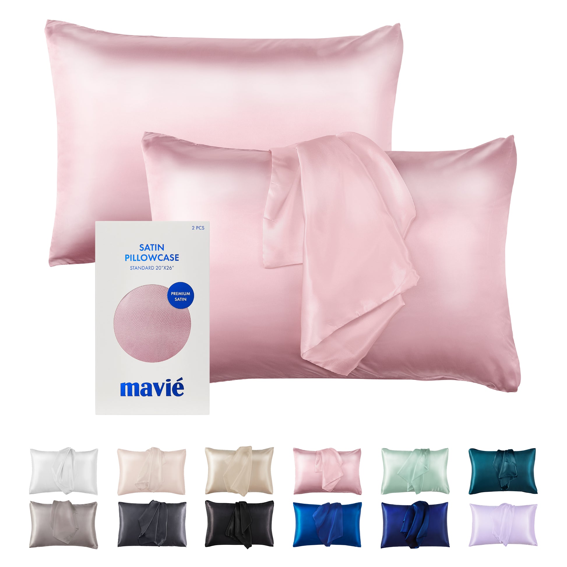BED04_main "MAVIE Satin Pillowcase Set of 2 – Standard Size 20” x 26” in Pink, main product view."