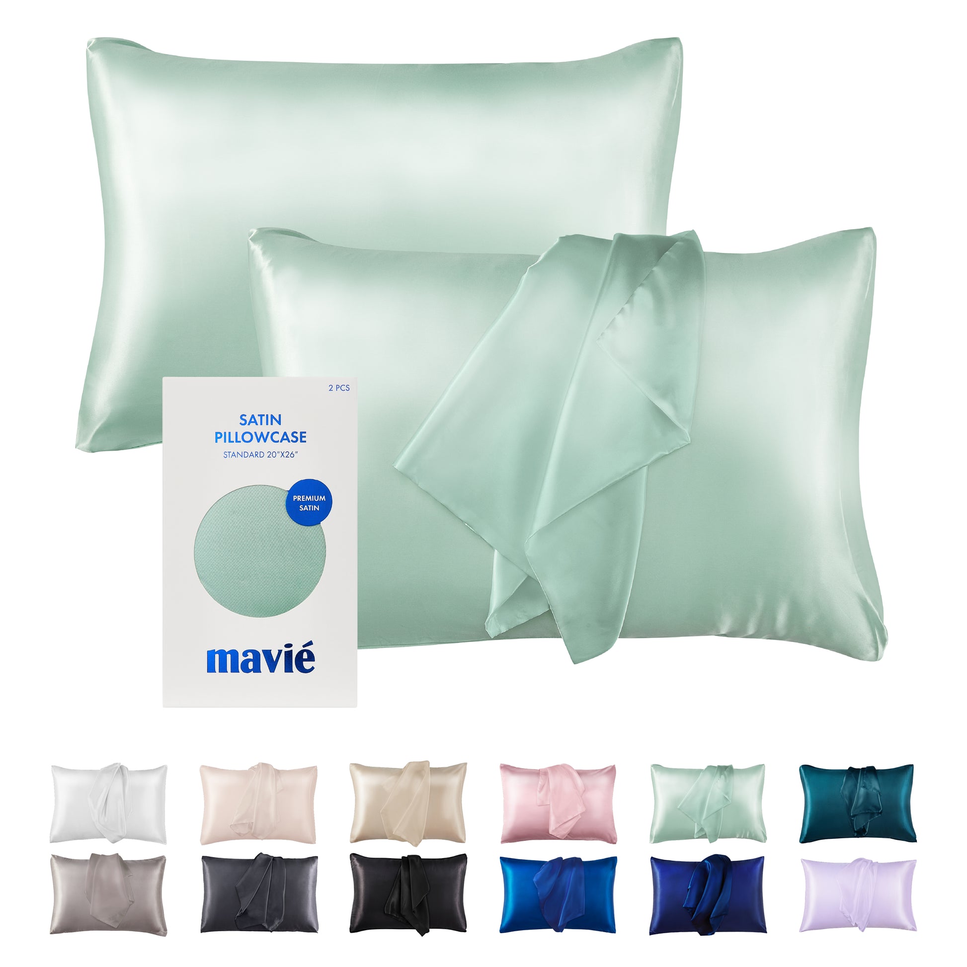 BED05_main "MAVIE Satin Pillowcase Set of 2 – Standard Size 20” x 26” in Sage Green, main product view."