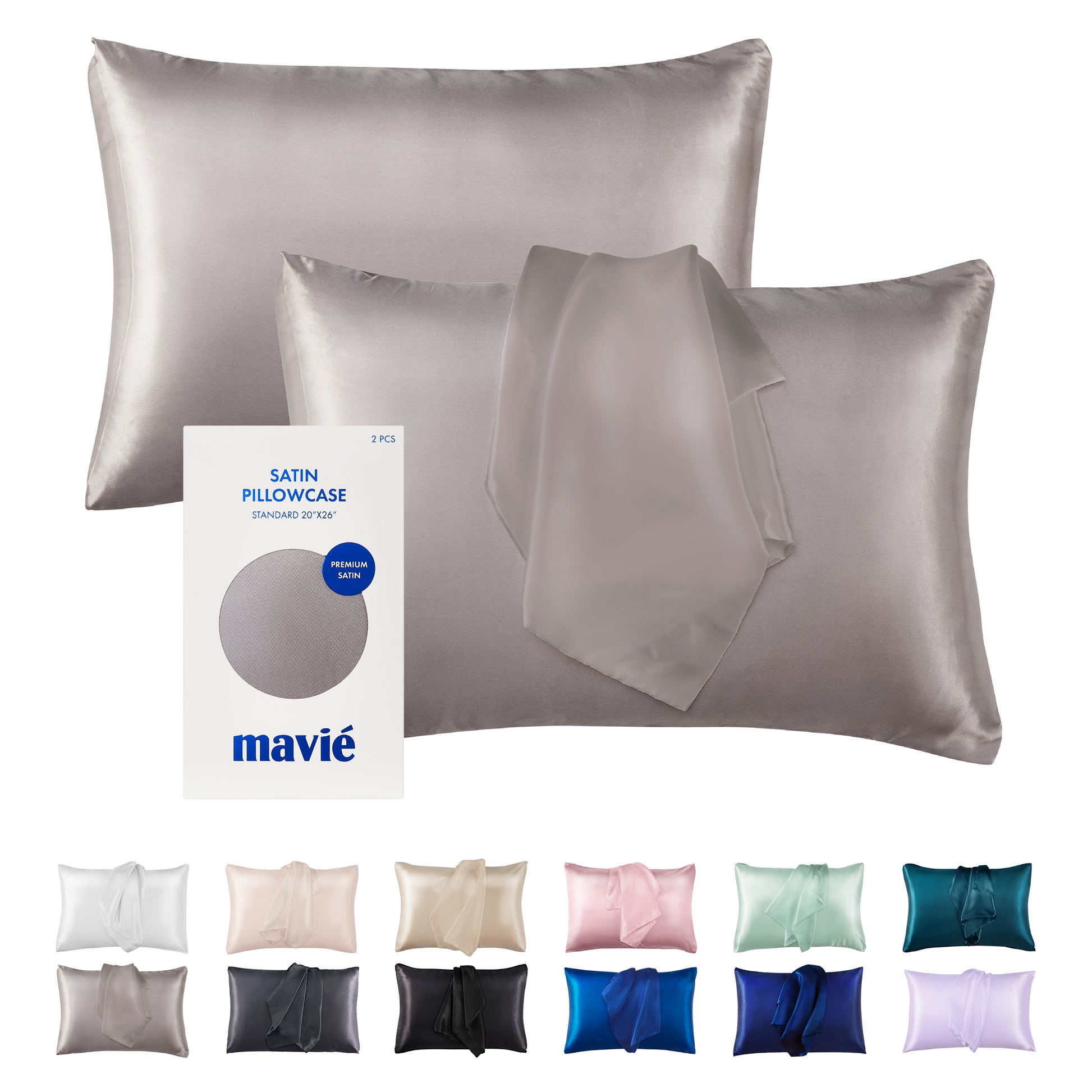 BED07_main "MAVIE Satin Pillowcase Set of 2 – Standard Size 20” x 26” in Silver Grey, main product view."