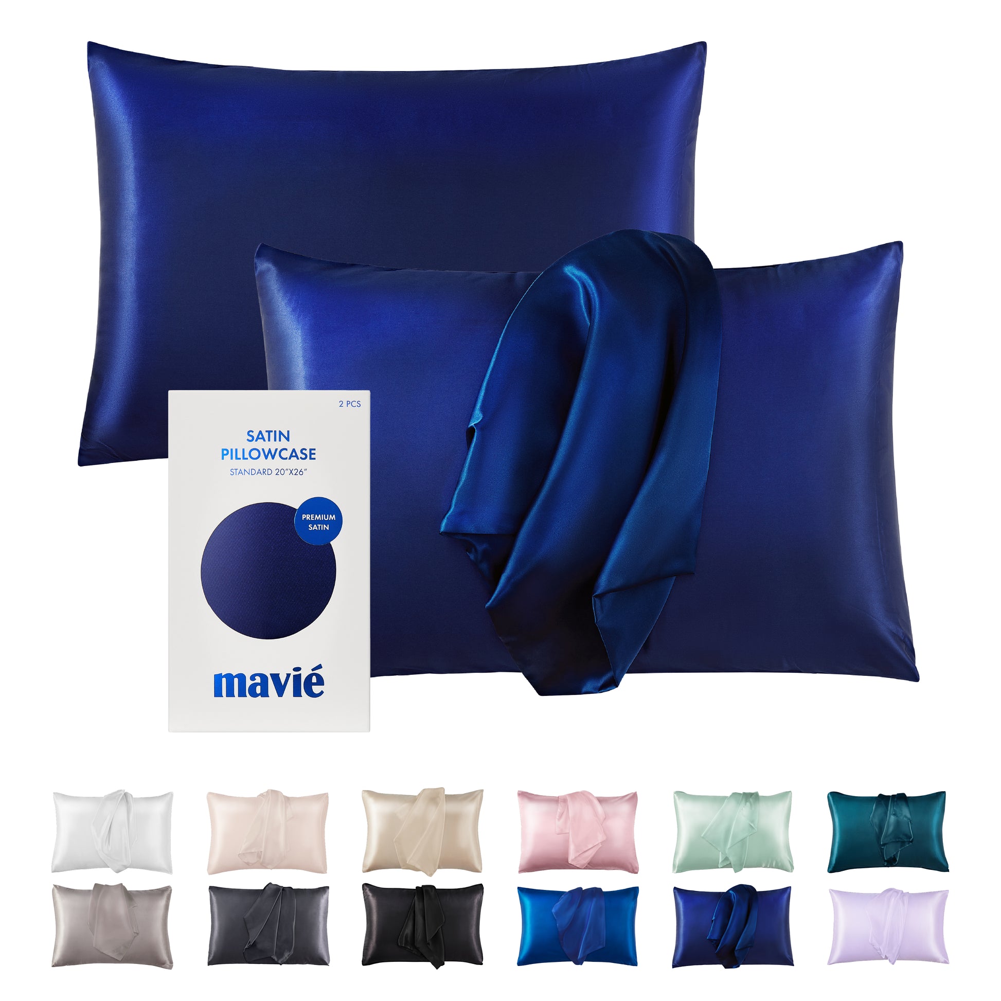 BED11_main "MAVIE Satin Pillowcase Set of 2 – Standard Size 20” x 26” in Moon Indigo, main product view."