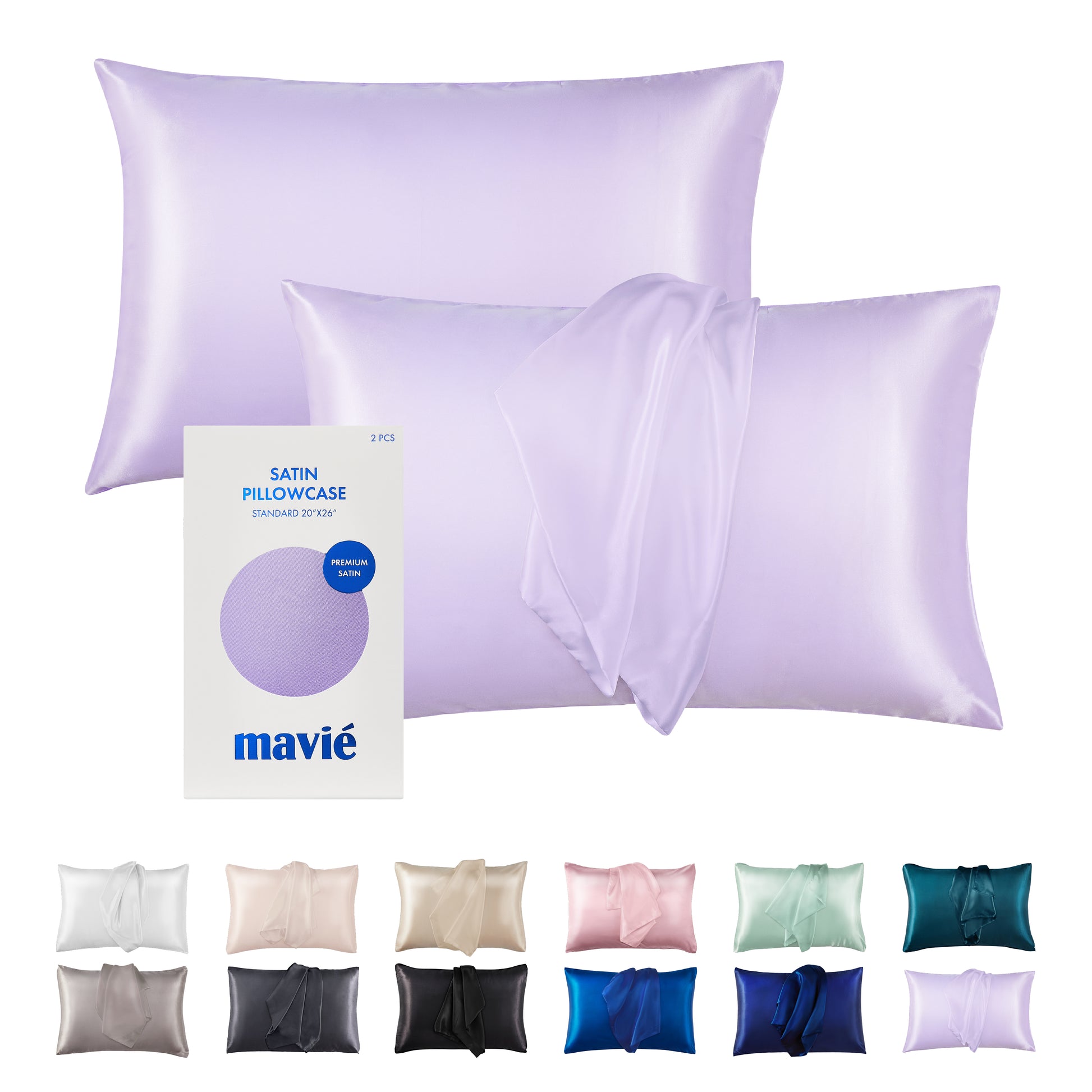 BED12_main "MAVIE Satin Pillowcase Set of 2 – Standard Size 20” x 26” in Lavendar, main product view."