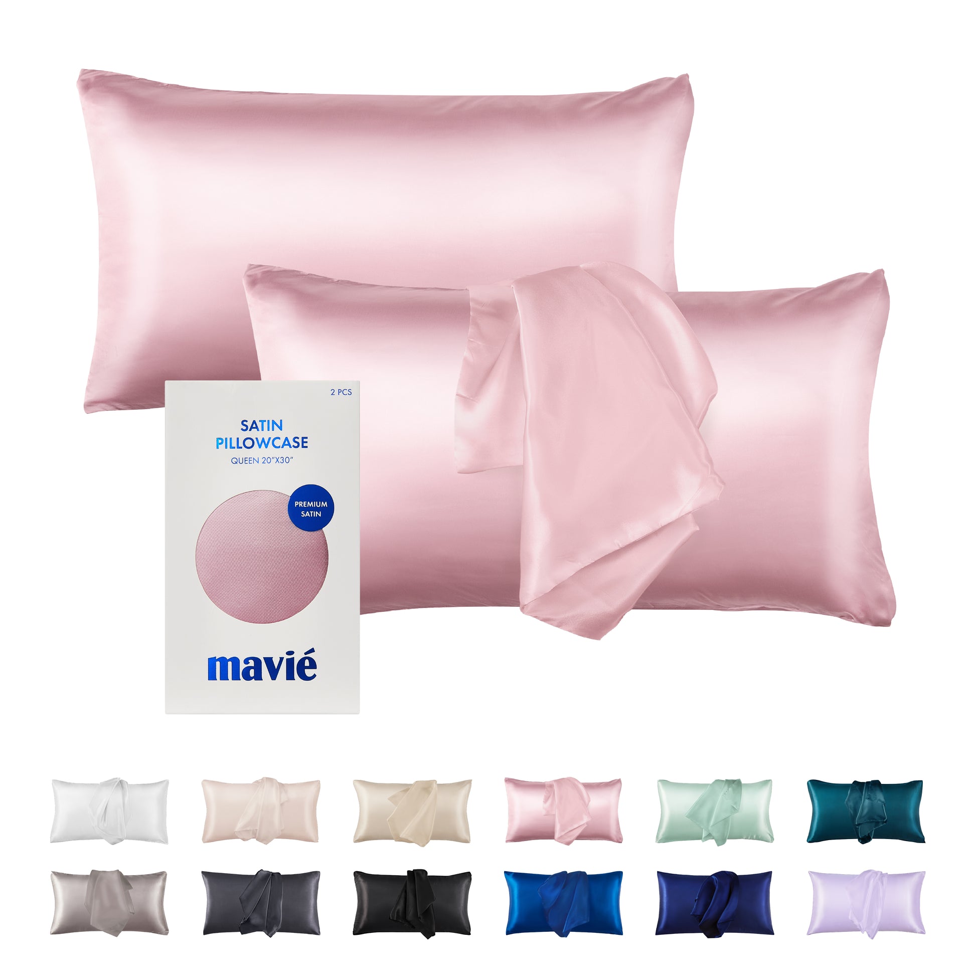 BED23_main "A packaging design for a set of satin pillowcases. The box is predominantly white with a circular cutout in the center showcasing the soft pink color of the pillowcases. The text on the packaging indicates that it contains two pieces, specifies the size as queen (20"x30"), and highlights that the material is premium satin. The brand name "mavié" is prominently displayed at the bottom."