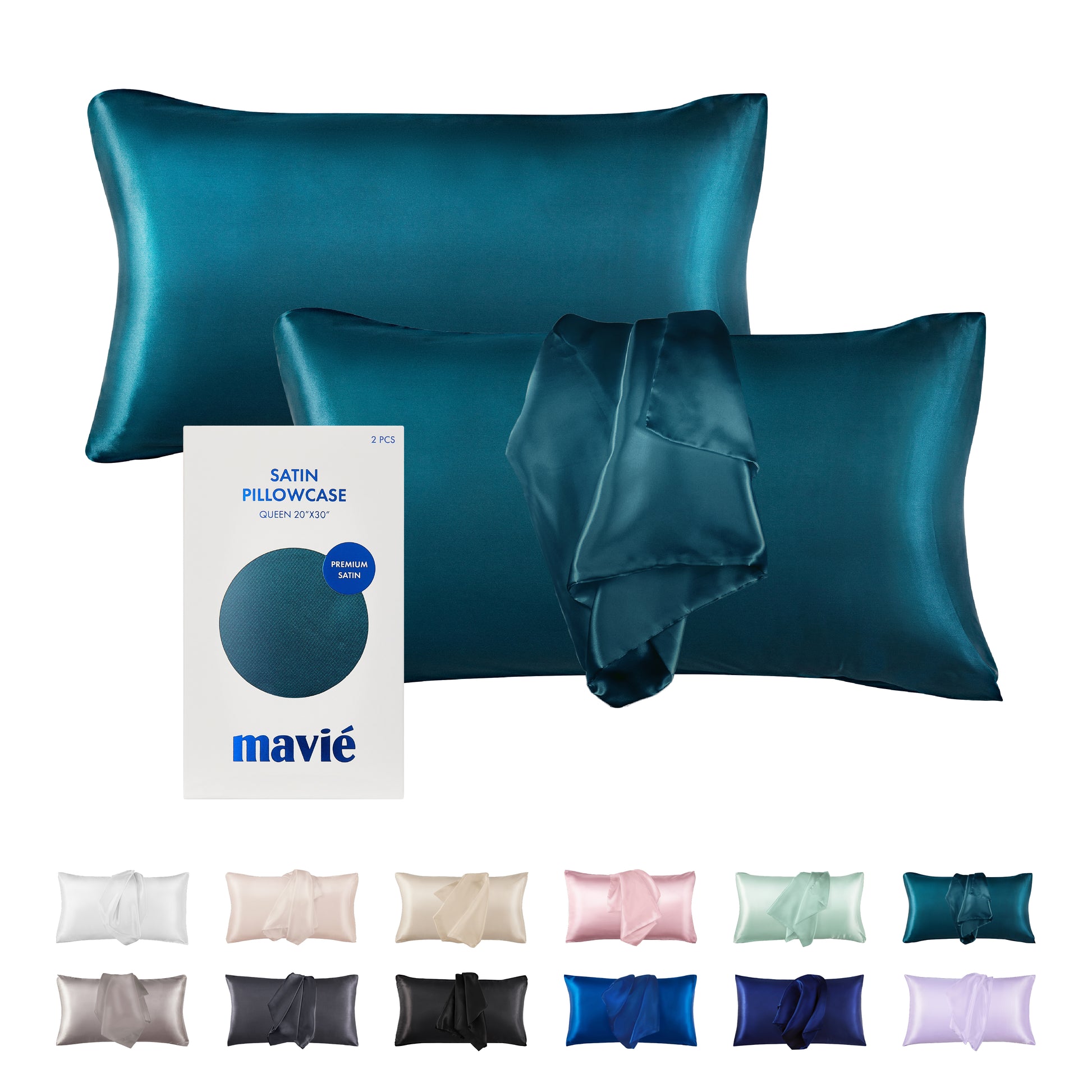 BED25_main "A packaging design for a set of satin pillowcases. The box is predominantly white with a circular teal graphic in the center. The text on the box indicates that it contains two pieces of queen-sized pillowcases measuring 20"x30". The brand name "mavié" is prominently displayed, along with the label "Premium Satin" to highlight the quality of the material."