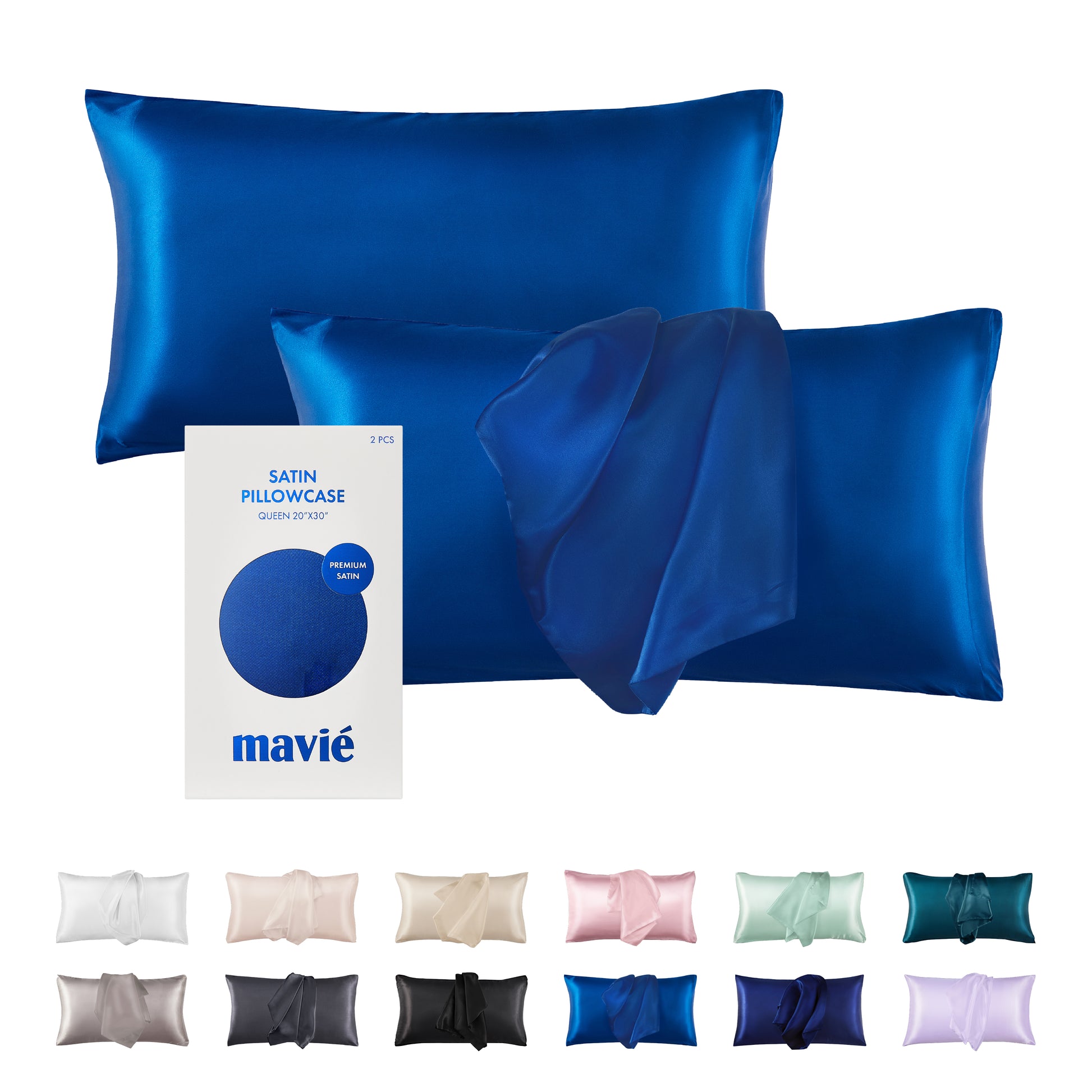 BED29_main "A packaging design for a set of satin pillowcases. The package is predominantly white with a circular blue graphic in the center. The text on the package indicates that it contains two pieces of queen-sized pillowcases measuring 20"x30". The brand name "mavié" is displayed prominently, along with a label that reads "Premium Satin." The overall design is clean and modern, emphasizing the product's quality."