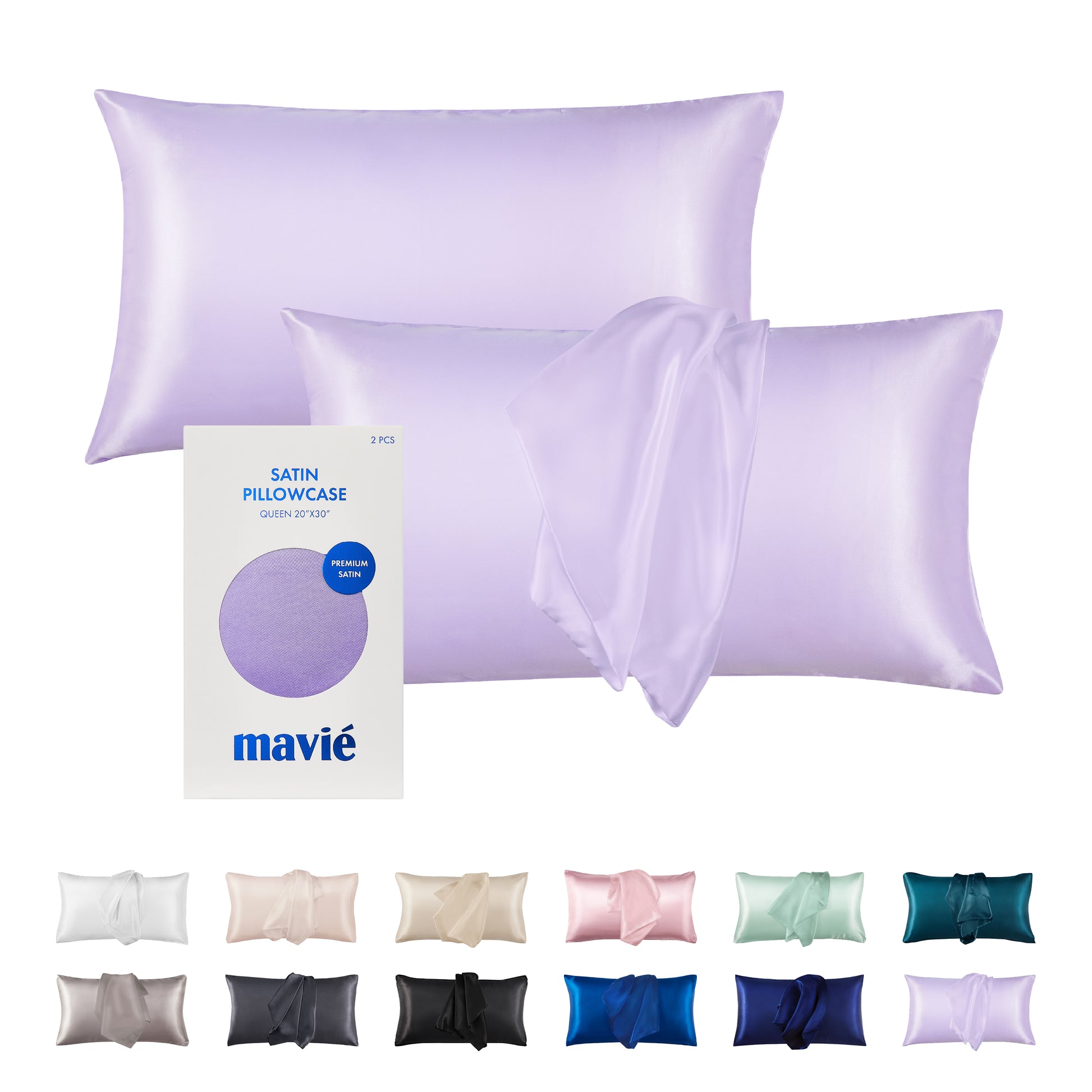 BED31_main "A packaging design for a set of satin pillowcases. The box is predominantly white with a simple and clean layout. It prominently displays the product name "Satin Pillowcase" along with the size "Queen 20” x 30”." The color of the pillowcase is a soft lavender shade, which is visible through a circular cutout in the center of the packaging."