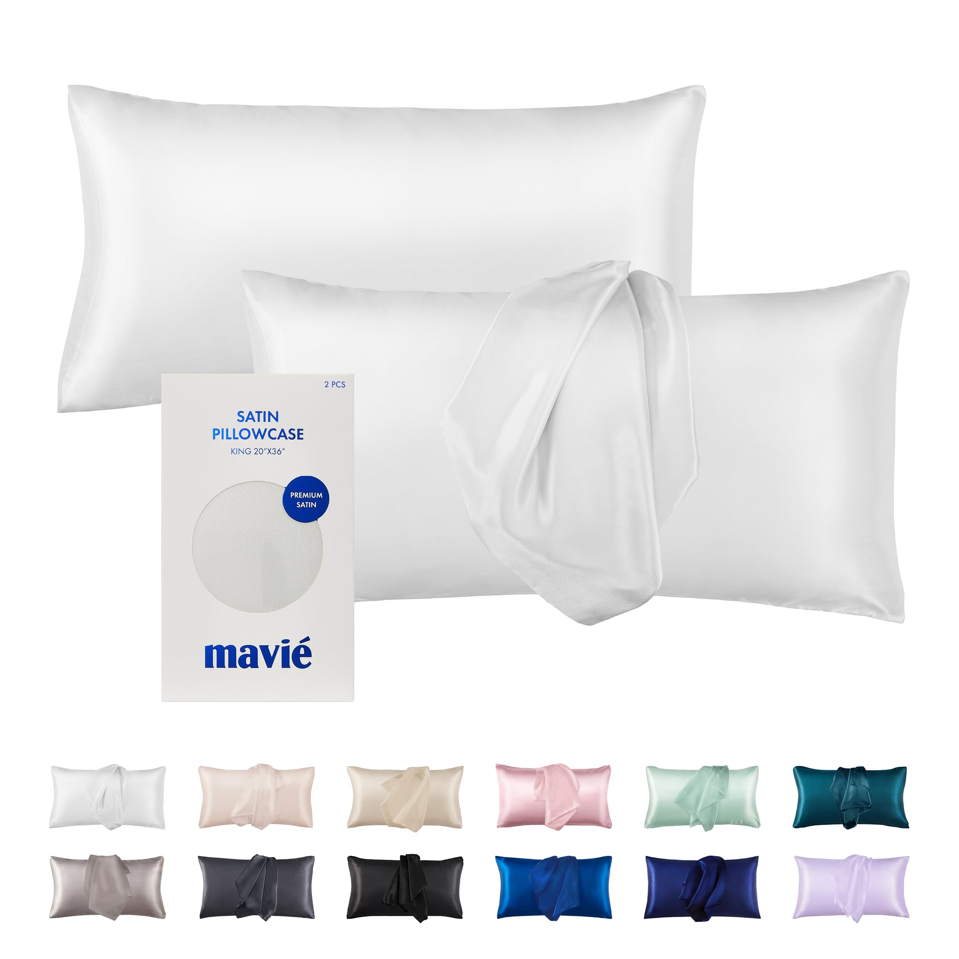 BED40_main "A packaging design for a set of satin pillowcases. The box is predominantly white with a clean and modern aesthetic. It prominently displays the brand name "mavié" at the bottom, along with the product description indicating that it contains two pieces of king-sized pillowcases measuring 20" x 36". The word "PREMIUM SATIN" is highlighted, suggesting a focus on quality. The front of the box includes a circular cutout, allowing a glimpse of the satin material inside."