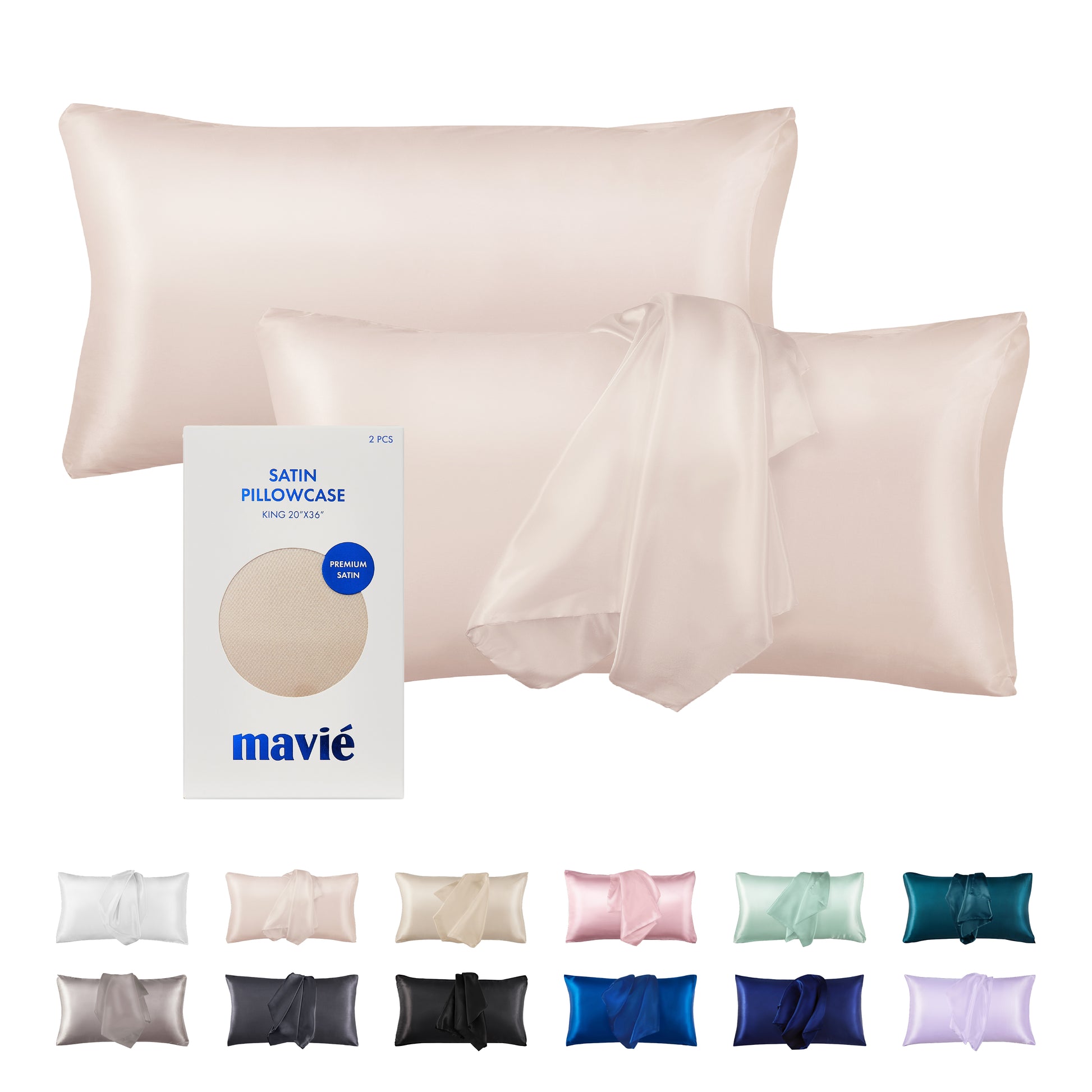 BED41_main "A packaging design for a set of satin pillowcases. The box is predominantly white with a circular cutout showcasing the satin pillowcase inside. The product is labeled as "Satin Pillowcase" and specifies the size as "King 20” x 36.” There is a blue circular sticker indicating "Premium Satin," and the brand name "mavié" is prominently displayed at the bottom. The overall design is clean and modern, emphasizing the quality of the product."