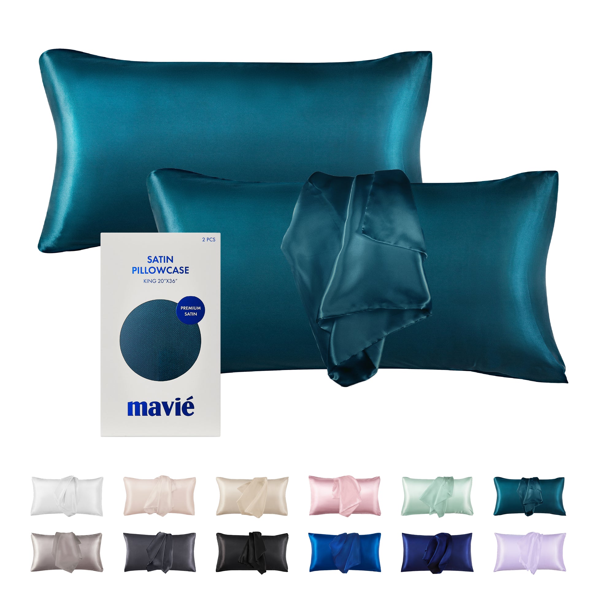 BED45_main "A packaging design for a set of satin pillowcases. The box is predominantly white with a circular graphic in the center showcasing a deep teal color. The text on the packaging indicates that it contains two pieces of satin pillowcases, specifically sized for a king pillow (20" x 36"). The brand name "mavié" is prominently displayed, along with the label "Premium Satin" to highlight the quality of the material."