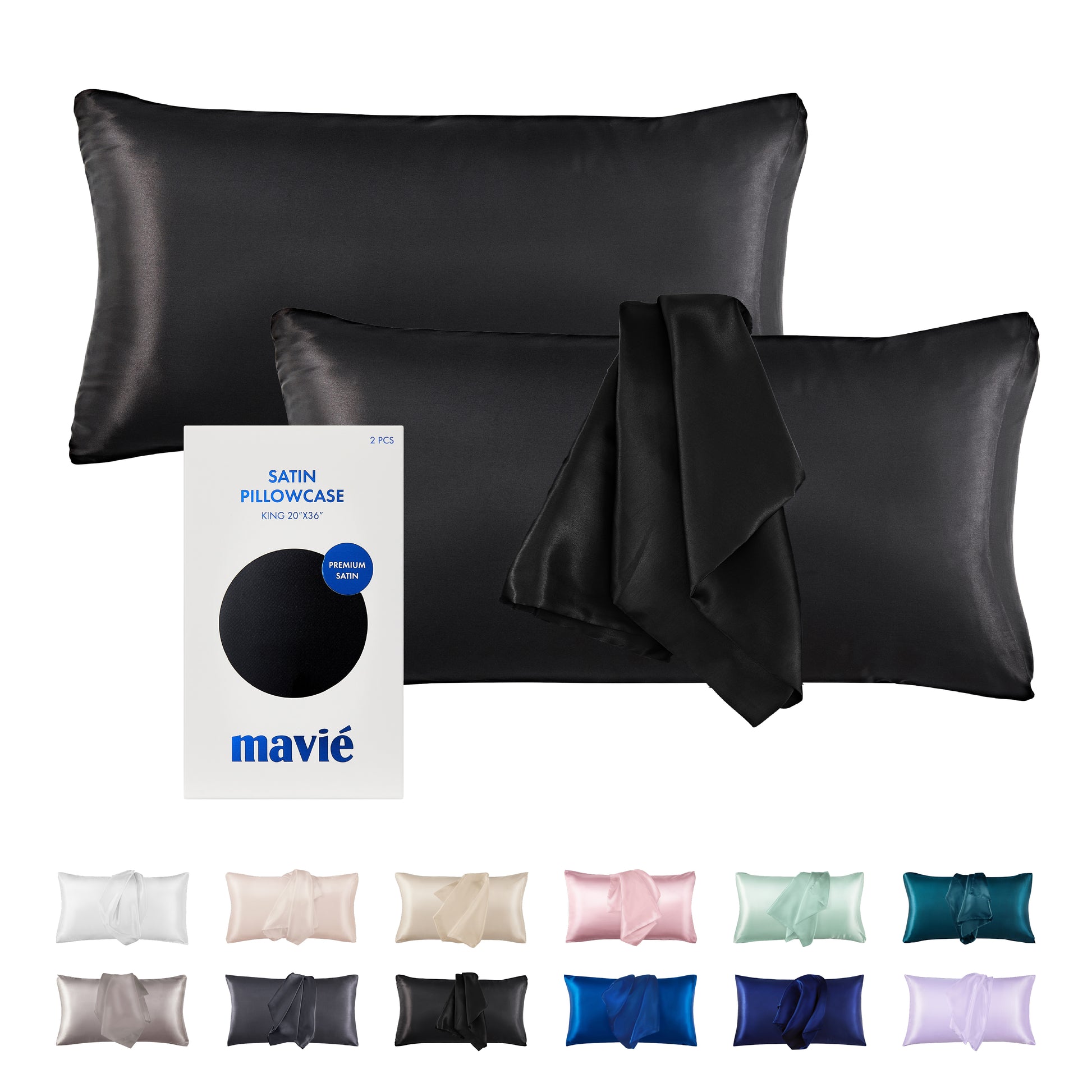 BED48_main "A packaging design for a set of satin pillowcases. The box is predominantly white with a large circular cutout in the center, showcasing the black satin pillowcases inside. The text on the packaging indicates that it contains two pieces, specifying the size as "King 20” x 36”." The brand name "mavié" is prominently displayed at the bottom, along with the label "Premium Satin," highlighting the quality of the material. The overall design is clean and modern, emphasizing the product's elegance."