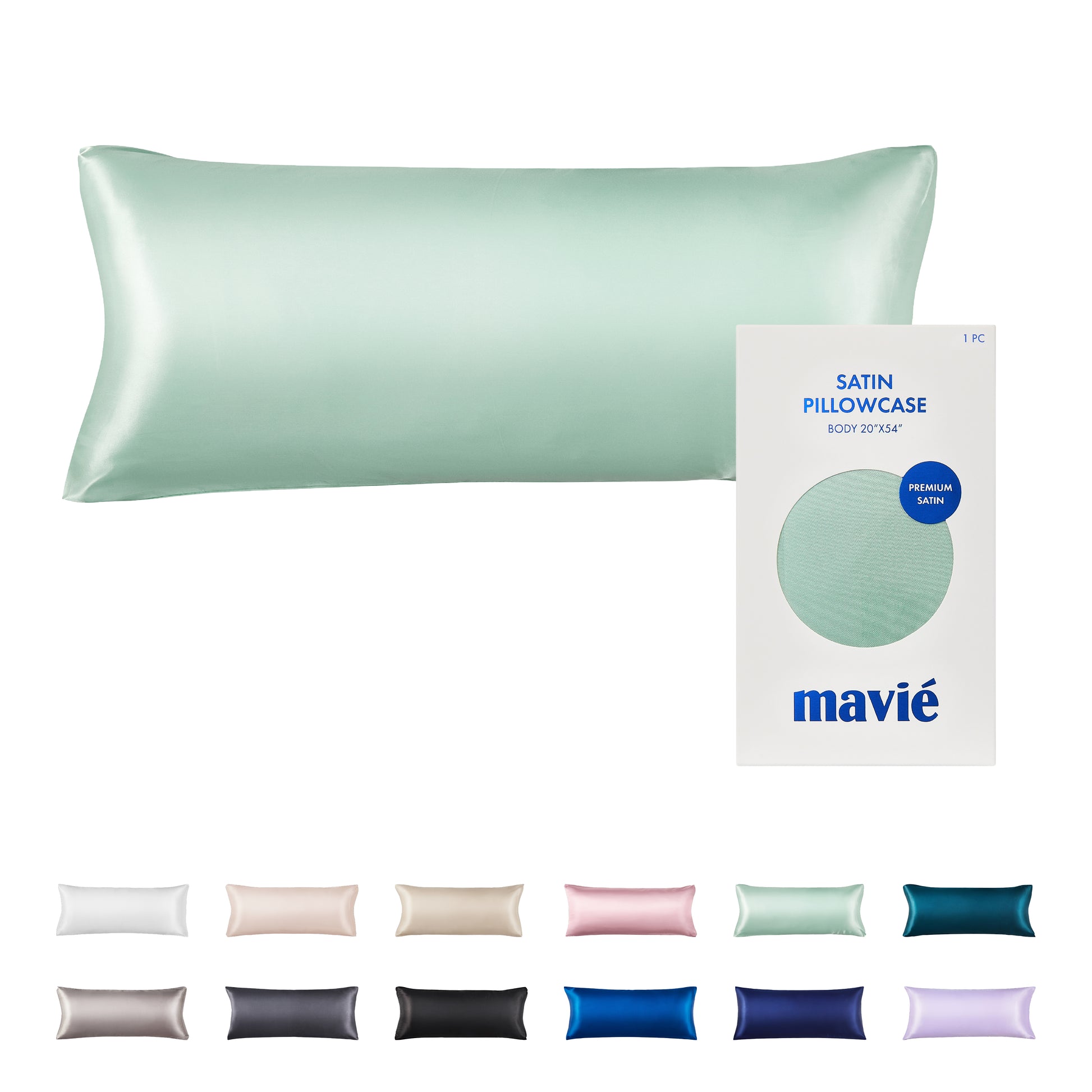 BED64_main "A packaging design for a satin pillowcase. The box is predominantly white with a circular cutout showcasing the pillowcase inside, which appears to be a soft mint green color. The text on the front includes "SATIN PILLOWCASE" in bold letters, specifying the size as "BODY 20”x54”." The brand name "mavié" is displayed prominently at the bottom in a stylish font, and there is a label indicating "PREMIUM SATIN." The overall design is clean and modern, emphasizing the quality of the product."
