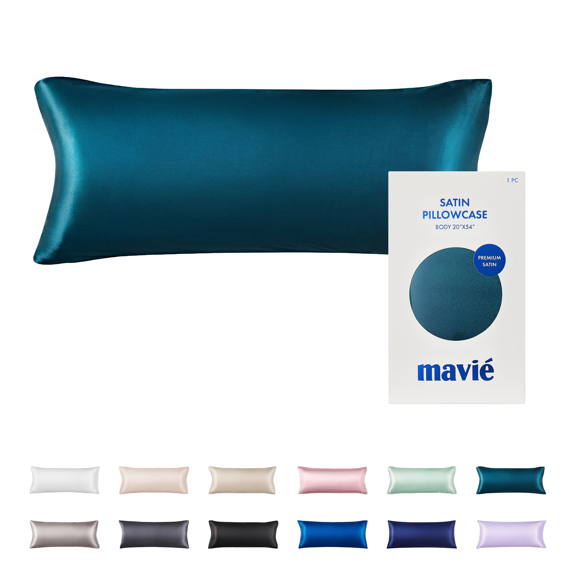 BED65_main "A product packaging for a satin pillowcase. The box is predominantly white with a circular cutout displaying the pillowcase inside, which is a rich teal color. The text on the packaging includes the brand name "mavié" in bold blue letters, along with details indicating that it is a premium satin pillowcase, sized 20"x54". The design is clean and modern, emphasizing the quality of the product."