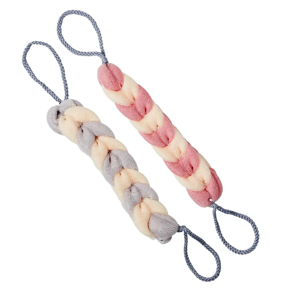 Long Stretch Back Loofah - Braided Mesh Shower Sponge with Rope Handles__Pink/Grey (2pcs)