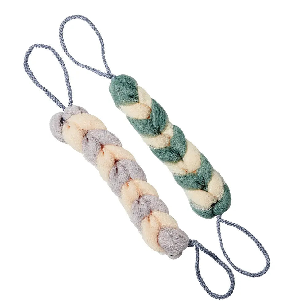 Long Stretch Back Loofah - Braided Mesh Shower Sponge with Rope Handles__Green/Grey (2pcs)