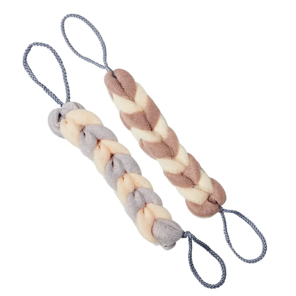 Long Stretch Back Loofah - Braided Mesh Shower Sponge with Rope Handles__Brown/Grey (2pcs)