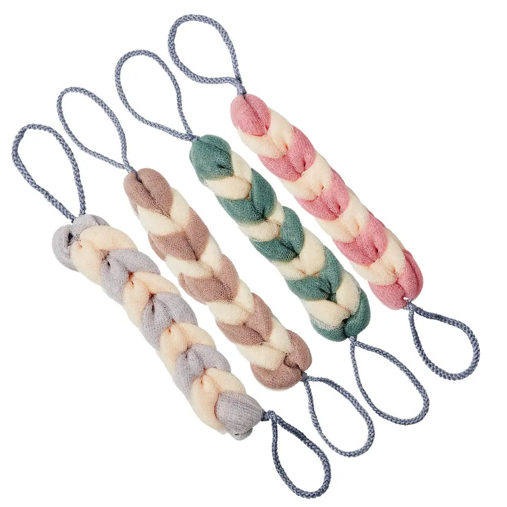 Long Stretch Back Loofah - Braided Mesh Shower Sponge with Rope Handles__Grey/Brown/Green/Pink (4pcs)