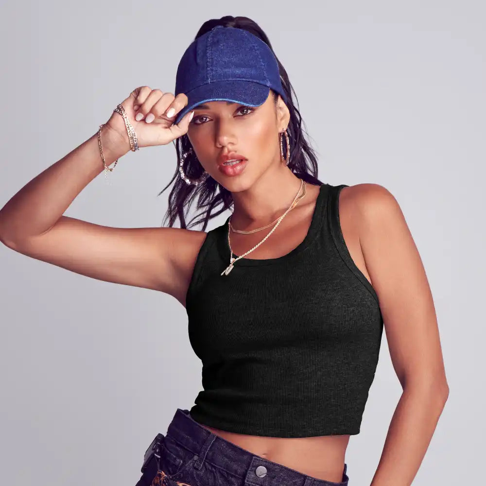 FH321_FH322_FH323_FH324_extra_001 "Arria Ribbed Crop Tank Top – Women’s Soft Slim Fit Scoop Neck Sleeveless Shirt, additional product view 1."