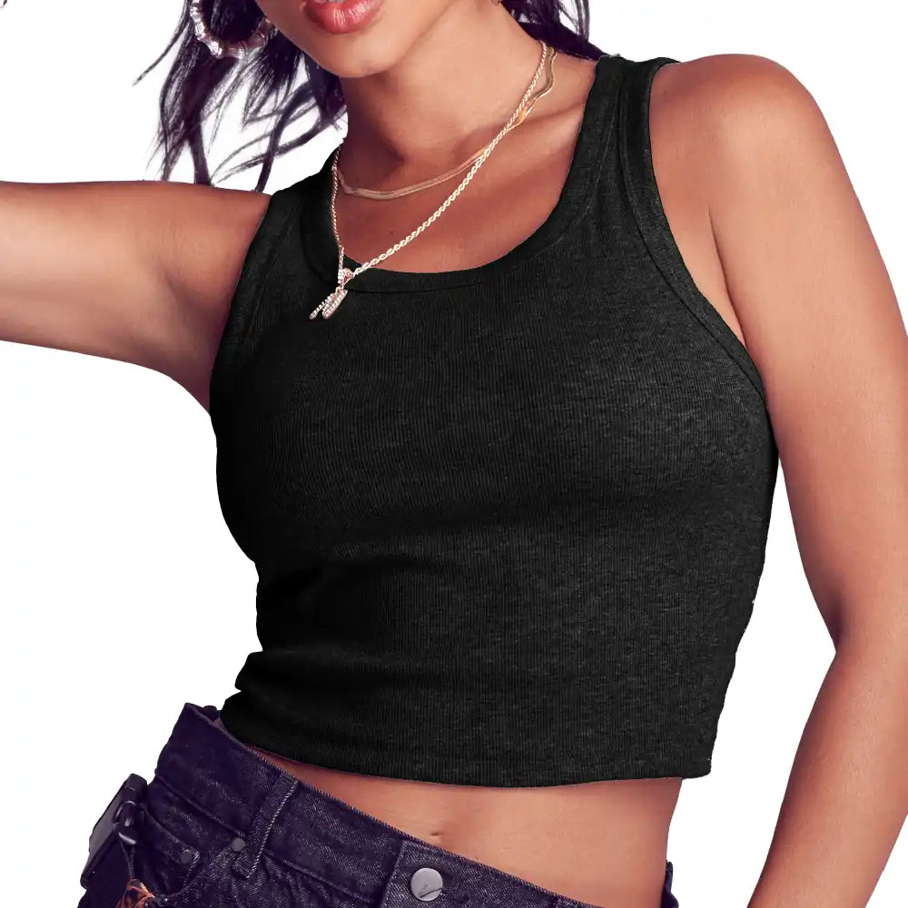 FH321_FH322_FH323_FH324_main "A black crop top tank top. It has a simple, sleeveless design with a round neckline. The fabric appears to be smooth and stretchy, suitable for casual wear or layering. The tag is visible inside the neckline, indicating the size and brand. The overall look is minimalist and versatile, making it easy to pair with various outfits."