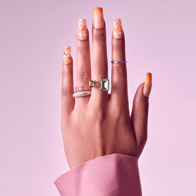 Glitzy 3D Handmade Press-On Nails – Orange Blossom & French Tip (Long Square)