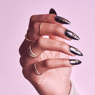 Glitzy 3D Handmade Press-On Nails – Black & Gold Celestial (Long Almond)