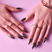 Glitzy 3D Handmade Press-On Nails – Black & Gold Celestial (Long Almond)