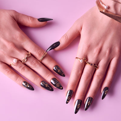 Glitzy 3D Handmade Press-On Nails – Black & Gold Celestial (Long Almond)