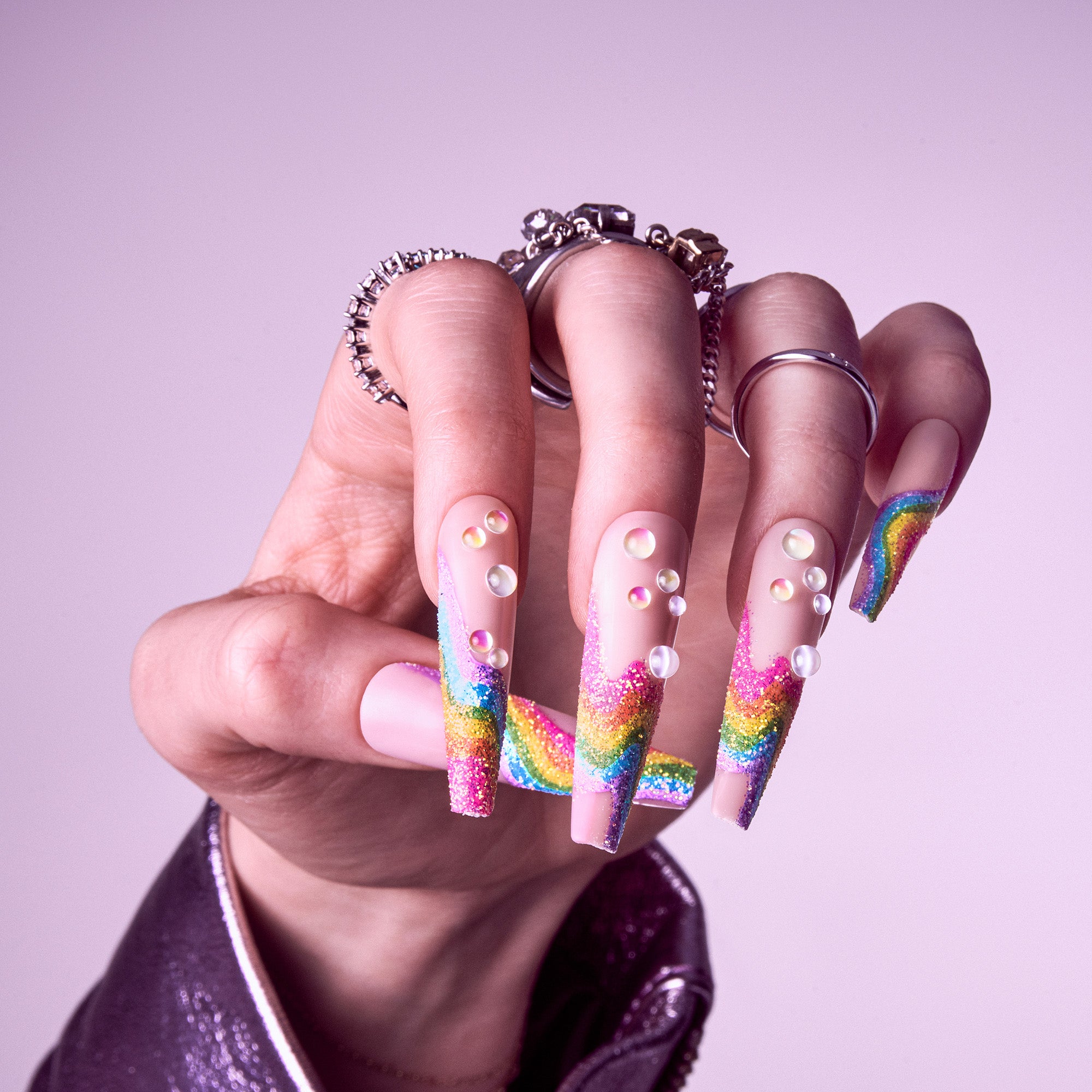 Glitzy 3D Handmade Press-On Nails – Rainbow Sugar Glitter French (3X-Long Coffin)