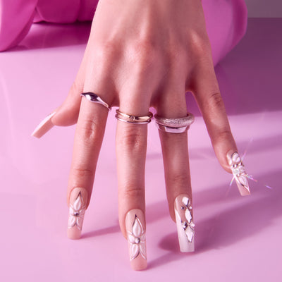Glitzy 3D Handmade Press-On Nails – White Flower & Gem French (X-Long Square)